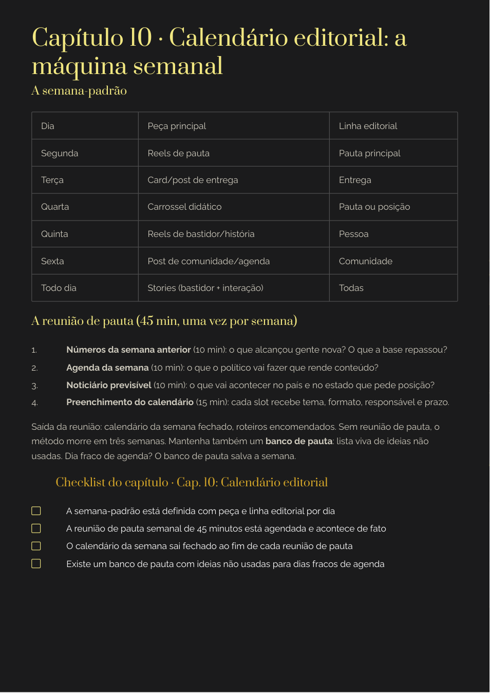 Página do ebook: calendário editorial e semana-padrão